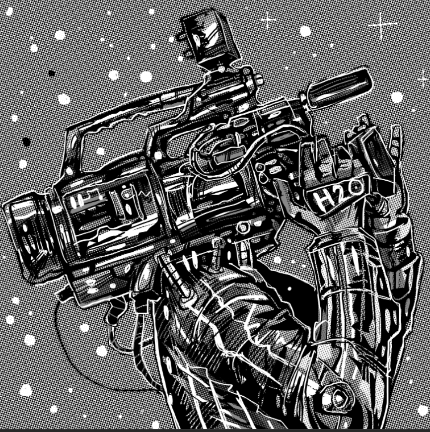 Black-and-white illustration of a film camera
